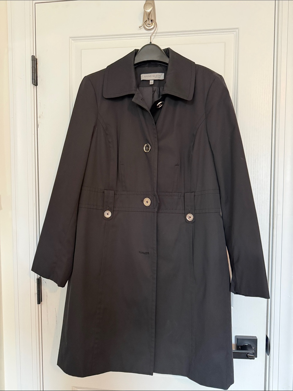 Anne Klein Black Trench Coat with Button Waist Detail